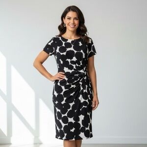 Ellen Tracy Black & White Abstract Print Sheath Dress P / M Faux Wrap Knot Front